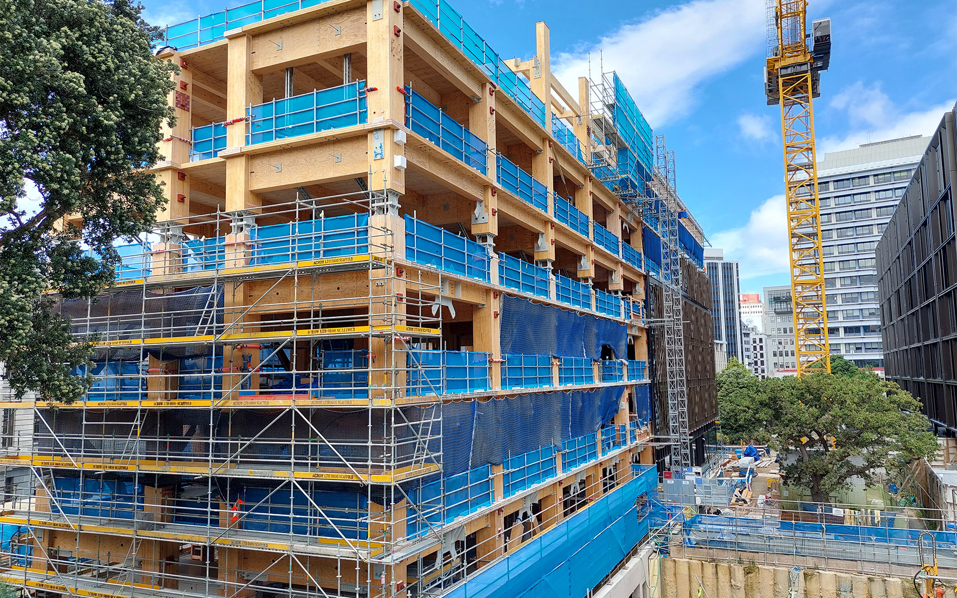 Mass timber building under construction using a low-carbon construction and design for assembly approach